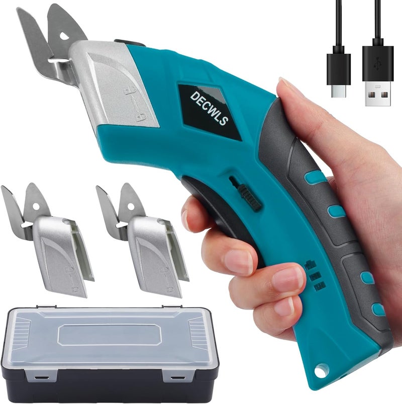 Decwls Cordless Electric Scissors for Fabric with 3 Blades, 4V Rechargeable Powerful Shears with Safety Lock Suitable, Cardboard Scissor Cutting Tool for Carpet Fabric Cardboard Leather -Blue - Image 1